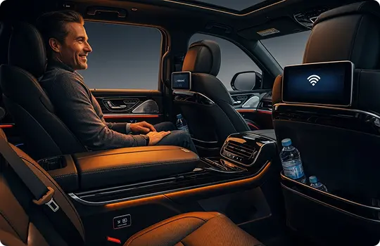 A man is comfortably seated in the backseat of a luxury car with spacious leather interiors. The car features built-in screens on the back of the front seats, one displaying a Wi-Fi symbol. Bottled water is stored in seat pockets, and warm ambient lighting enhances the upscale atmosphere. The man appears relaxed, smiling, and enjoying the ride.