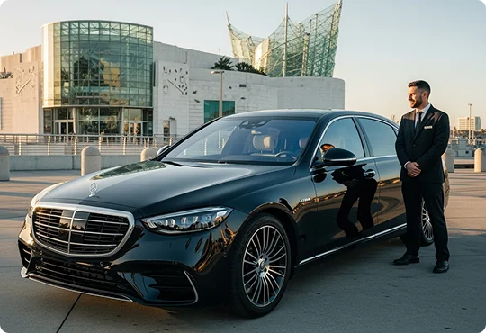 A chauffeur in a suit stands smiling beside a black Mercedes S-Class sedan. The background features a modern building with a glass facade.