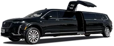 Black stretch SUV limousine, likely a Cadillac, with both a standard passenger door and a gull-wing door open, set against a plain beige background.