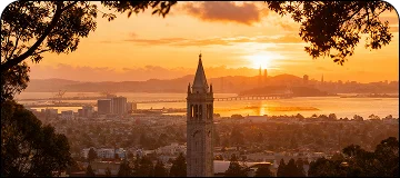 A panoramic, vibrant sunset over the San Francisco Bay Area. The iconic Sather Tower (the Campanile) in Berkeley, California, dominates the foreground, framed by dark tree branches at the top. In the distance, the skyline of San Francisco is visible across the bay, bathed in golden and orange light, with the sun setting directly over the buildings and the Bay Bridge faintly visible.
