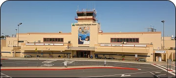 Frontal view of Hollywood Burbank Airport (BUR) runways and terminal buildings for LGB to Burbank Airport car service.