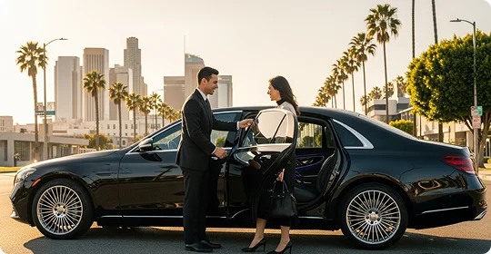 A professional chauffeur, dressed in a suit, opens the door of a black Mercedes S-Class sedan for a female passenger on a sunny day in downtown Los Angeles.