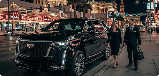 A male chauffeur in a suit and a female chauffeur in a black dress walk past a black Cadillac Escalade SUV on a vibrant Las Vegas street at night, with a casino entrance and neon lights in the background.