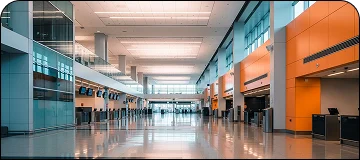 A decently illuminated inside view of an airport terminal showing ticket counters, waiting area entrance and main entrance.
