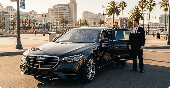 A chauffeur in a suit stands next to a black Mercedes-Benz S-Class sedan as two passengers exit in a sunny, palm-lined city square.
