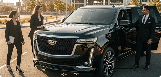 A chauffeur in a suit opens the door of a black Cadillac Escalade SUV for two businesswomen.