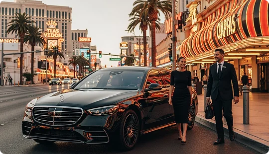 A chauffeur in a black suit stands by a black Mercedes S-Class sedan as a female passenger smiles at him. In the background, there's a bustling Las Vegas street with a large building and palm trees under a golden sky at sunset.