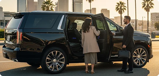 A chauffeur helps a female passenger get out of a black Cadillac Escalade SUV on a sunny day in a city.