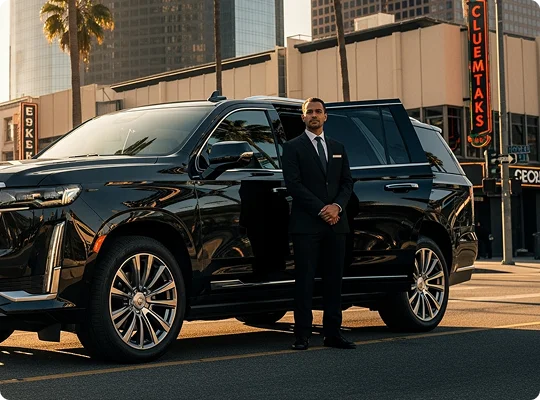 A man in a suit stands confidently beside a sleek black luxury SUV with an open door, set against LA cityscape with palm trees and illuminated signs, highlighting the premium LA car service.