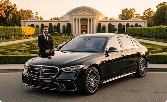 A chauffeur in a suit stands next to a black Mercedes-Benz S-Class sedan in front of a grand building with manicured gardens.