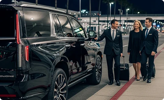 A chauffeur in a suit assisting two passengers with their luggage next to a black Cadillac Escalade SUV at an airport at night.