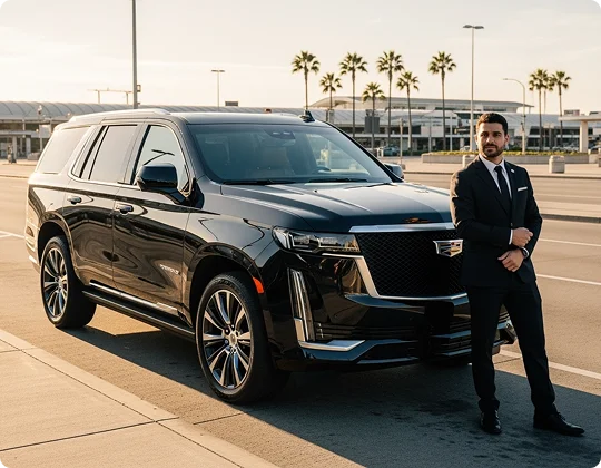 A male chauffeur in a suit stands confidently next to a black Cadillac Escalade SUV. The scene is an airport terminal at sunset, with palm trees lining the street and the airport building visible in the background.