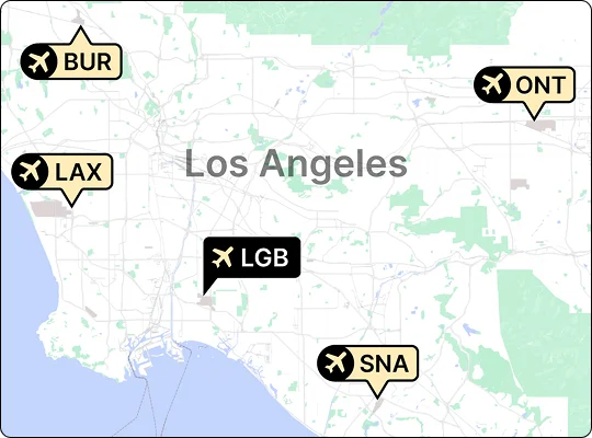 Interactive map of Southern California airports network highlighting locations like LGB Long Beach Airport, LAX Los Angeles International Airport, BUR Hollywood Burbank Airport, ONT Ontario International Airport, and SNA John Wayne Airport with connecting lines and labels.