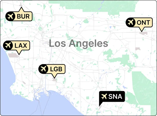 A map of the Los Angeles area showing five airports. Los Angeles International Airport (LAX) and John Wayne Airport (SNA) are highlighted, while Burbank (BUR), Long Beach (LGB), and Ontario (ONT) are also marked.