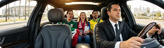 Three football fans each supporting a different team (Brazil, England, and Mexico) are cheering while seated in a luxury car driven by a chauffeur. Distant background shows a stadium and a cityscape.