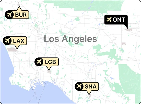 Map of Los Angeles showing ONT Airport in black as the reference point, with LAX, BUR, LGB, and SNA marked as destination airports.