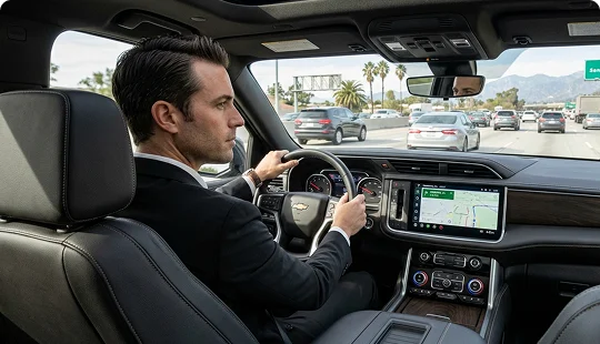 A professional chauffeur in a suit driving a vehicle on a multi-lane highway. He keeps both hands on the steering wheel while following navigation on the dashboard screen.