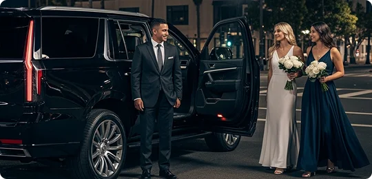Two elegant ladies with bokeh of white flowers wearing beautiful dresses walk towards a Cadillac Escalade SUV where a suited chauffeur stand with its door open on a night at a city street with bright lighting.
