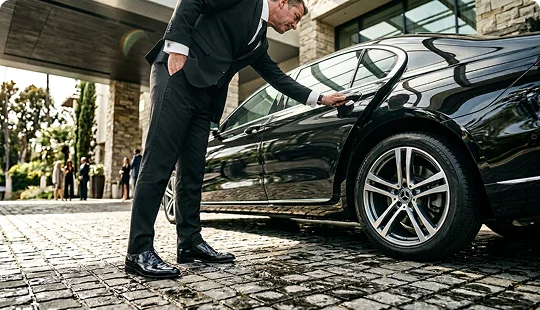 A chauffeur in a black suit opens the rear door of a luxury black sedan parked on a cobblestone driveway. The scene takes place outside a modern upscale building or hotel entrance with other people blurred in the background.