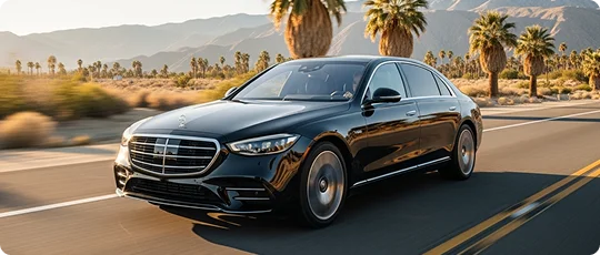 A black Mercedes-Benz S-Class sedan drives down a desert highway lined with palm trees and mountains in the distance.