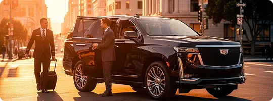 A chauffeur in a suit rolls a suitcase while a businessman enters a black Cadillac Escalade SUV on a sunny city street during the golden hour.