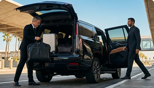 A chauffeur in a black suit loads a black garment bag into the open trunk of a black luxury SUV. A businessman in a dark suit walks toward the open rear passenger door of the vehicle on an airport driveway.