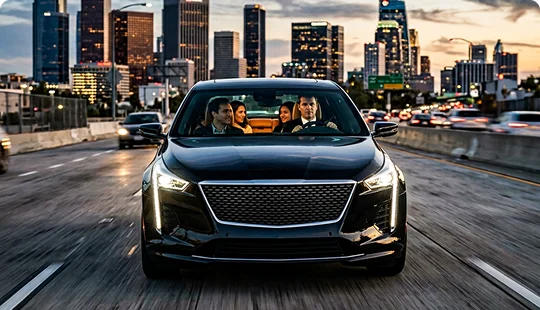 A black luxury sedan drives forward down a multi-lane highway at dusk with its headlights. Inside the vehicle, a professional chauffeur drives while passengers sit comfortably in both the front and rear seats, with the city skyline visible.