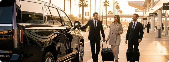 A chauffeur stands next to a black Cadillac Escalade as a couple walks towards it on an airport terminal in evening scenic view with palm trees in the background.