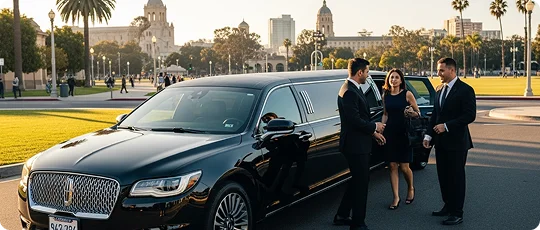 Two chauffeurs assist a woman exiting a black stretch limousine in a sunny city park with palm trees and large buildings.