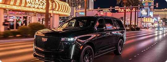 A black luxury SUV driving down a brightly lit Las Vegas street at night, with glowing neon signs from casinos visible in the background.