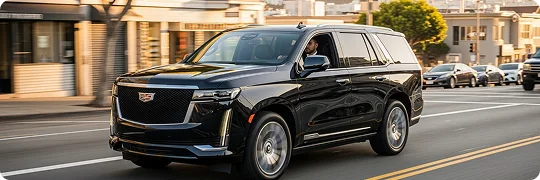 A large, black luxury SUV is shown in motion, driving down a sunny, multi-lane city street.