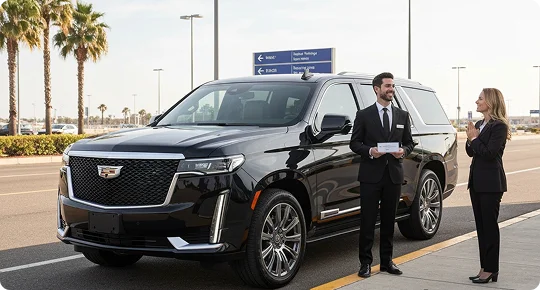 The chauffeur welcomes a business traveler outside a black Cadillac SUV curbside at a sunny airport.