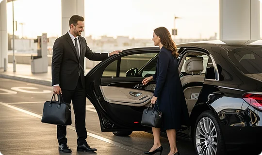 Well-dressed man in suit carrying a briefcase and woman in business attire walking towards a parked black luxury car with a chauffeur ready to assist.