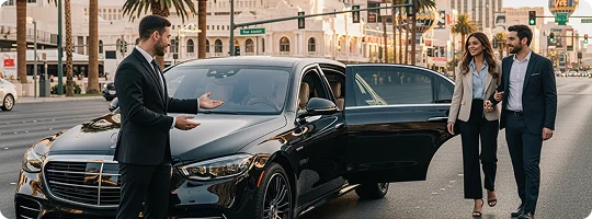 A chauffeur in a suit gestures to the open door of a black Mercedes S-Class sedan for a couple on a Las Vegas street with palm trees and a busy cityscape in the background.