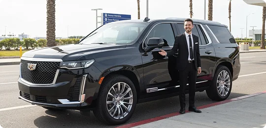 A chauffeur in a black suit stands next to a black Cadillac SUV outside an airport.