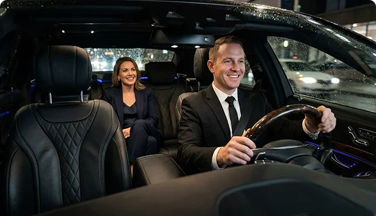 A smiling male chauffeur in a suit drives a luxury car at night while looking ahead. A professional woman sits comfortably in the back seat, smiling toward the front.