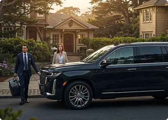 A professional chauffeur assists a woman outside a luxury SUV in a leafy Carmel neighborhood, capturing the ease of premium car service.
