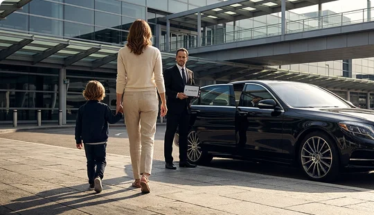A chauffeur in a suit holds a greeting sign next to an open rear door of a luxury black sedan outside an airport terminal. A woman and a young child hold hands as they walk along the pavement toward the vehicle.