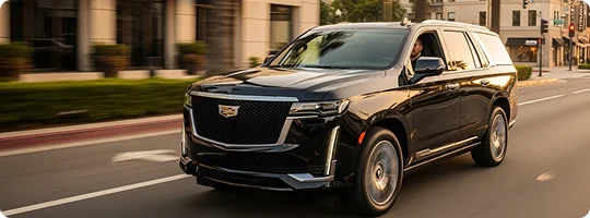 A chauffeur in a black Cadillac Escalade in motion on a driveway in the city.