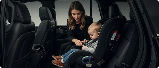 Mother safely buckling her child in a safety seat inside a luxury car.