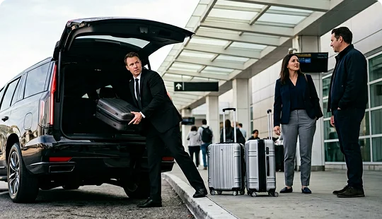 A chauffeur in a black suit and tie loads a suitcase into the open trunk of a black luxury SUV parked by a curb. A man and woman stand on the airport sidewalk next to two silver rolling suitcases, watching the driver load the vehicle.