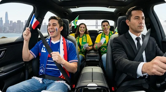 A brazilian football fan couple (seated in back) and a male fan supporting France (seated next to driving seat) cheer in a sedan while their chauffeur drives the car. panoramic sunroof, rear window and side windows show the cityscape view.