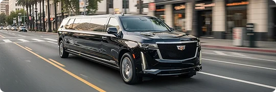 A long black Cadillac Escalade stretch SUV is driving down a wide city street on a sunny day. Palm trees and buildings line the street in the background.