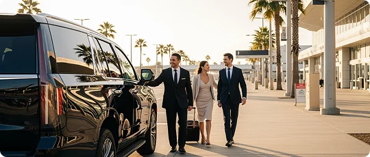 A chauffeur in a suit smiles as he walks with a couple with luggage toward a black SUV. The background shows an airport terminal and palm trees under a sunny sky.