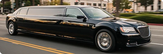 A black stretched limousine (appears to be based on a Chrysler 300) is driving on a multi-lane city street. The vehicle is captured with a sense of motion blur, emphasizing its speed and sleek profile. The background shows palm trees and buildings along the roadside.