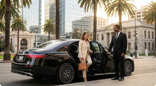 Chauffeur assisting a female passenger, dressed in a business suit, as she steps out of a black luxury sedan onto a city street lined with palm trees.
