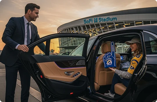 A femals american football fan steps out of a luxury black sedan parked right outside the SoFi stadium while cheering and wearing a big hand cheering glove. A chauffeur holds the rear door open for her exit.