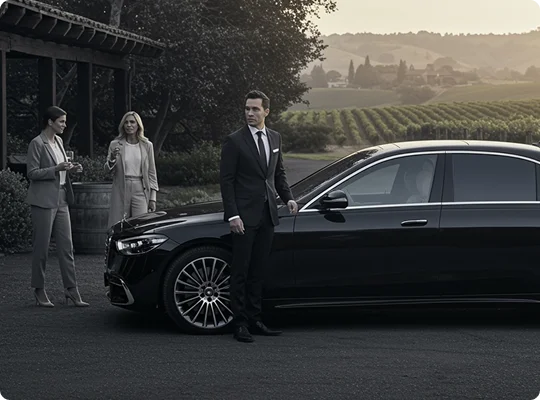 Chauffeur stands by a sleek black sedan as two women enjoy wine with Napa's vineyard hills in the backdrop, evoking a refined arrival.