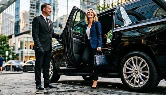 A smiling chauffeur in a black suit holds open the door of a black luxury SUV. A businesswoman in a blue blazer steps out onto the city sidewalk carrying a dark handbag.