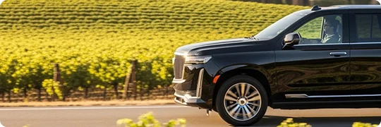 The front half of a black Cadillac Escalade SUV is seen driving past a vibrant yellow-green vineyard on a sunny day. The driver is visible behind the wheel.